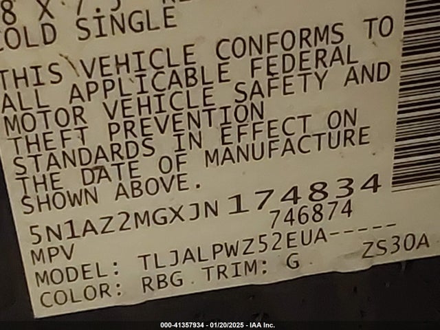 5N1AZ2MGXJN174834 Nissan MURANO S