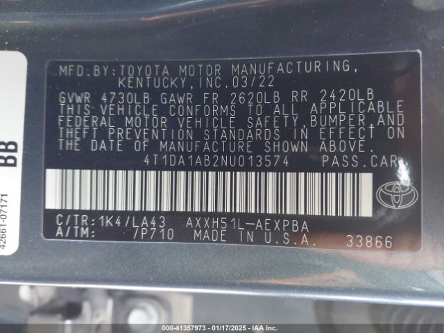 4T1DA1AB2NU013574 Toyota Avalon Limited Hybrid