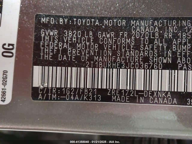2T1BURHE3JC036760 Toyota COROLLA LE