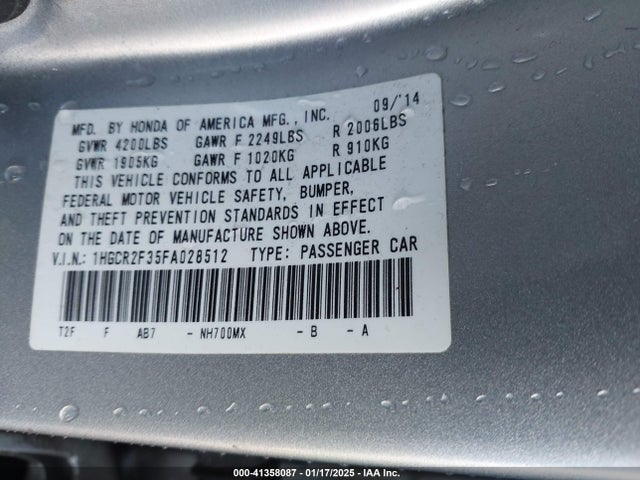 Honda ACCORD LX 2015 1HGCR2F35FA028512 Image 9