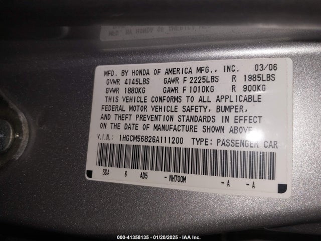 Aukcja sprzedaży 2006 Honda Accord 2.4 Ex, vin: 1HGCM56826A111200, numer aukcji: 41358135