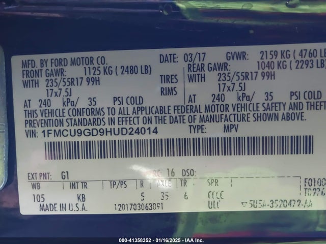 Ford ESCAPE SE 2017 1FMCU9GD9HUD24014 Image 9