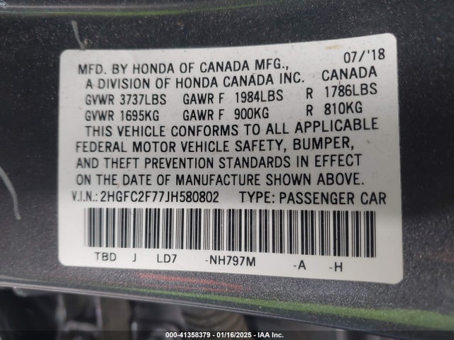 Honda CIVIC EX 2018 2HGFC2F77JH580802 Image 9