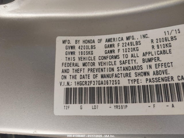 1HGCR2F37GA067250 Honda ACCORD LX
