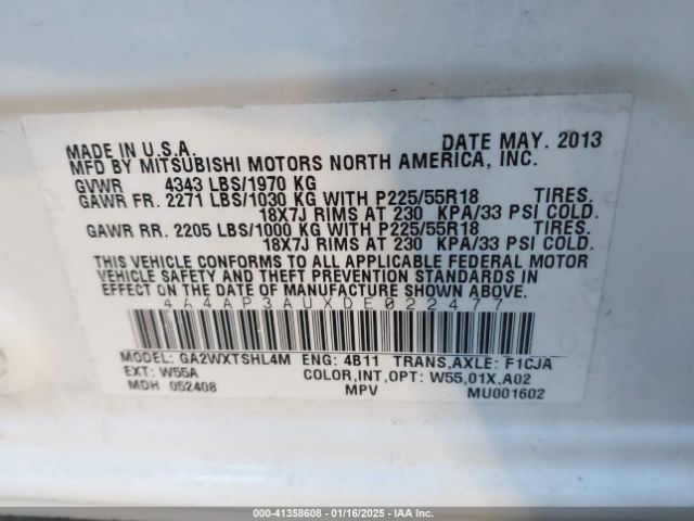 2013 MITSUBISHI OUTLANDER SPORT 4A4AP3AUXDE022477 Photo 8