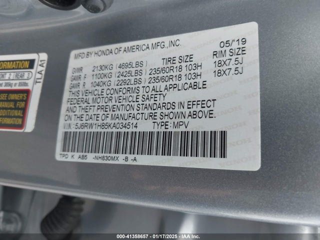 Honda Cr-v Ex-l 2019 5J6RW1H85KA034514 Image 9