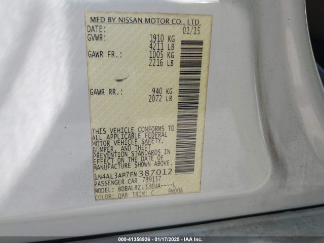 Nissan Altima 2.5 Sl 2015 1N4AL3AP7FN387012 Image 9