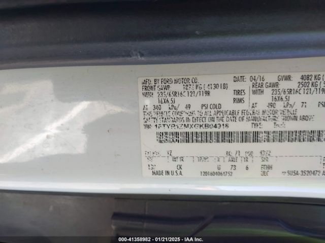 1FTYR1ZMXGKB04918 Ford Transit-250