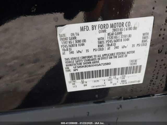 1FM5K8D8XHGA72580 Ford EXPLORER XLT