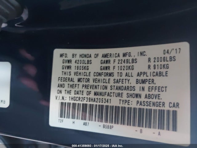 Honda ACCORD LX 2017 1HGCR2F39HA205341 Image 9