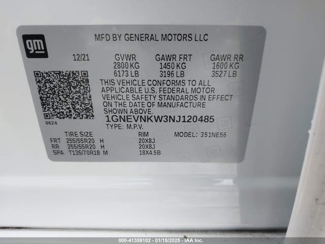 1GNEVNKW3NJ120485 Chevrolet Traverse Awd High Country