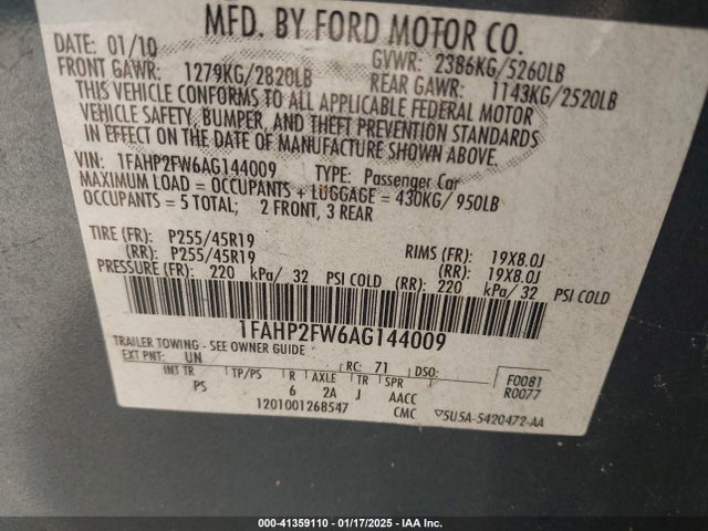 Aukcja sprzedaży 2010 Ford Taurus Limited, vin: 1FAHP2FW6AG144009, numer aukcji: 41359110