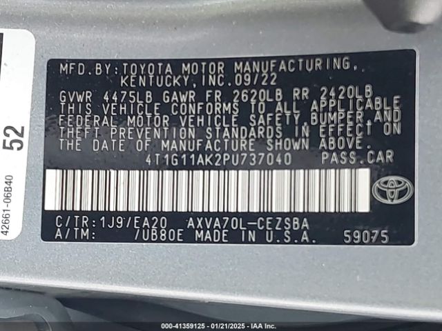 4T1G11AK2PU737040 Toyota CAMRY SE