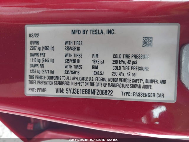 5YJ3E1EB8NF206822 Tesla Model 3 Long Range Dual Motor All-wheel Drive