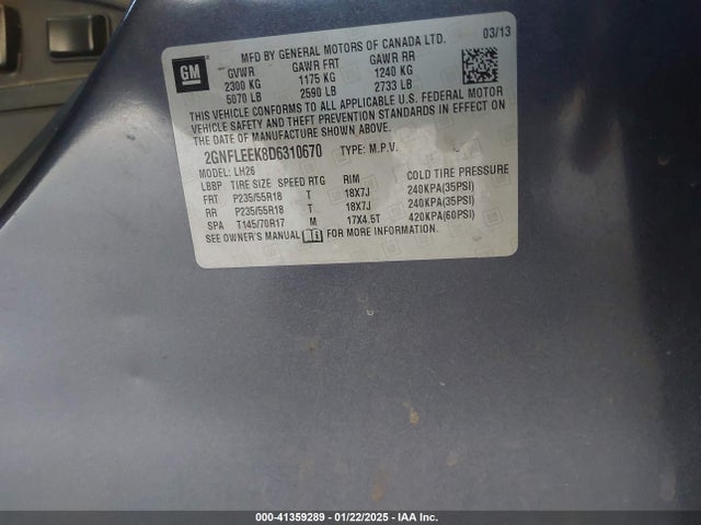 Продаж на аукціоні авто 2013 Chevrolet Equinox 1lt, vin: 2GNFLEEK8D6310670, номер лоту: 41359289