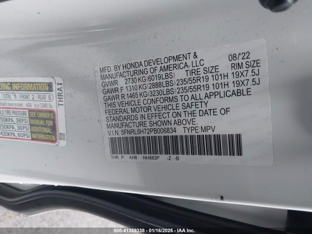 5FNRL6H72PB006834 Honda Odyssey Sport