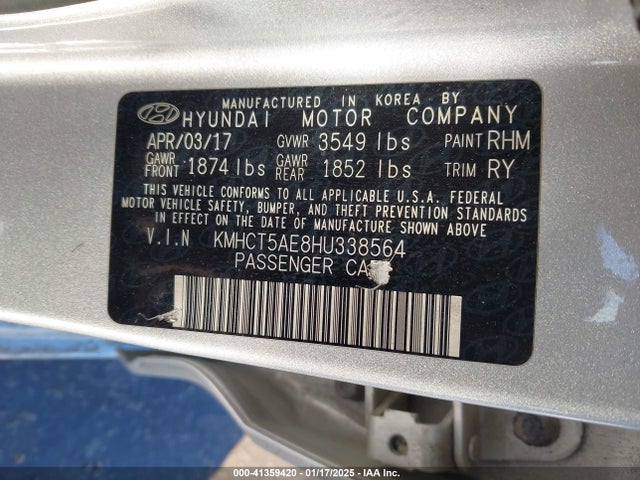 KMHCT5AE8HU338564 Hyundai ACCENT SE