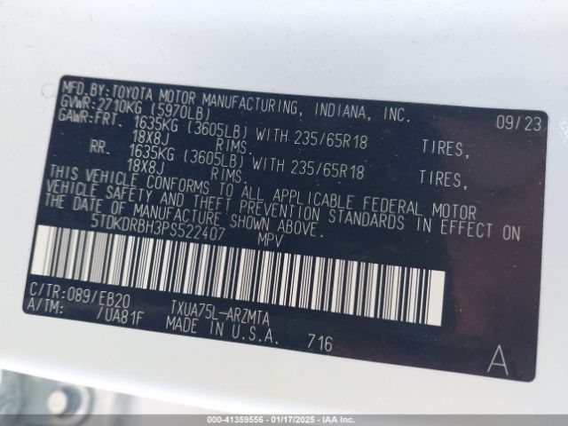 5TDKDRBH3PS522407 Toyota Highlander Xle