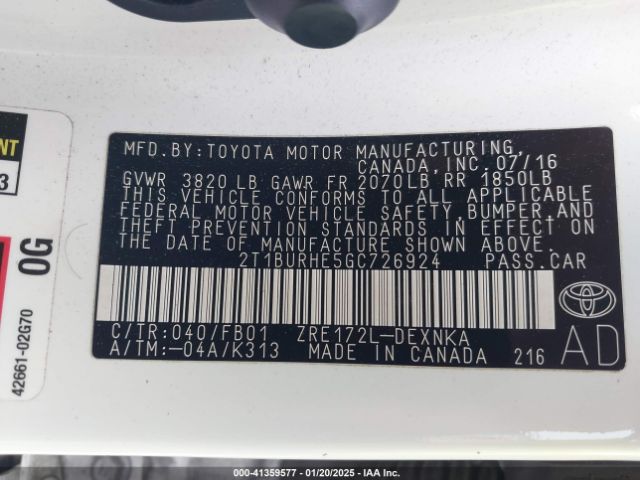 2T1BURHE5GC726924 Toyota COROLLA LE