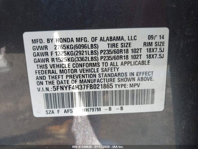 Honda PILOT SE 2015 5FNYF4H37FB021865 Image 9