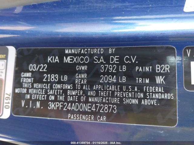 3KPF24AD0NE472873 KIA Forte Lxs