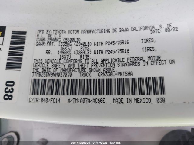 3TMBZ5DN9NM037070 Toyota 2gr-fks