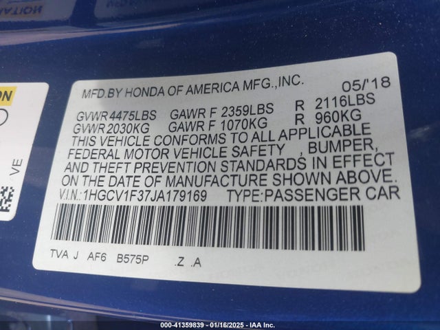 1HGCV1F37JA179169 Honda Accord Sport