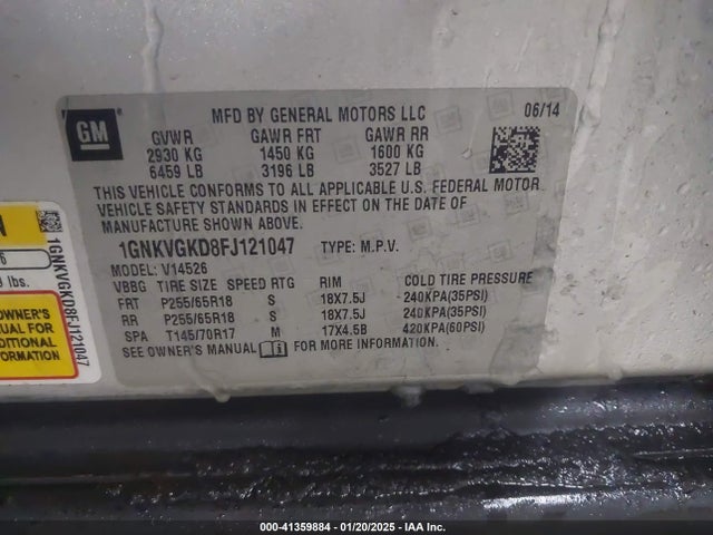 Chevrolet Traverse 1lt 2015 1GNKVGKD8FJ121047 Image 9