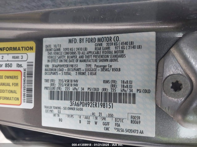 Ford FUSION SE 2014 3FA6P0H92ER198151 Image 9