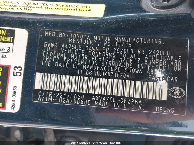 4T1B61HK9KU710704 Toyota CAMRY XSE