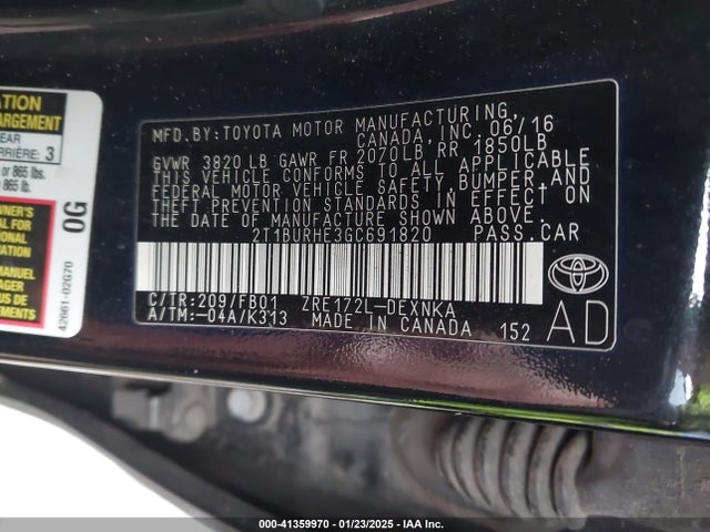 2T1BURHE3GC691820 Toyota COROLLA LE