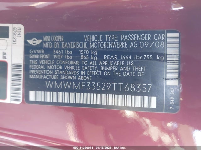 2009 MINI COOPER WMWMF33529TT68357 Photo 8