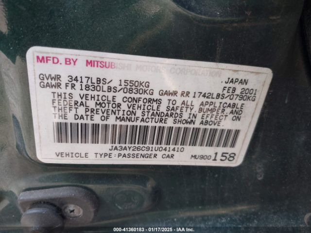 2001 MITSUBISHI MIRAGE JA3AY26C91U041410 Photo 8