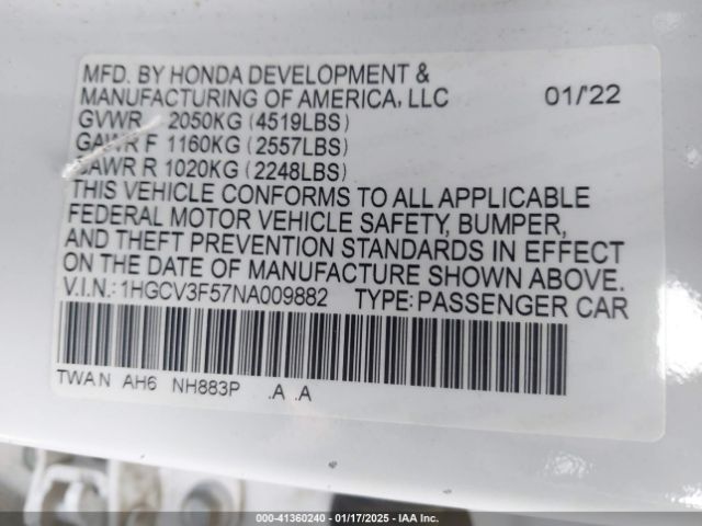1HGCV3F57NA009882 Honda Accord Hybrid Ex-l