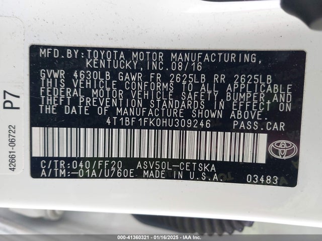 Toyota CAMRY SE 2017 4T1BF1FK0HU309246 Image 9