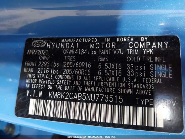 KM8K2CAB5NU773515 Hyundai Kona Se