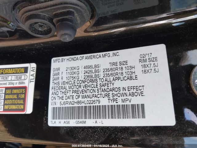 5J6RW2H86HL022679 Honda Cr-v Ex-l/ex-l Navi