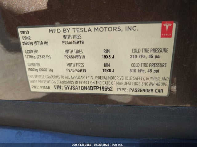 2013 TESLA MODEL S 5YJSA1DN4DFP19552 Photo 8
