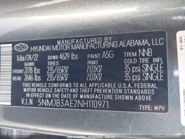 2022 HYUNDAI TUCSON 5NMJB3AE2NH110971 Photo 8