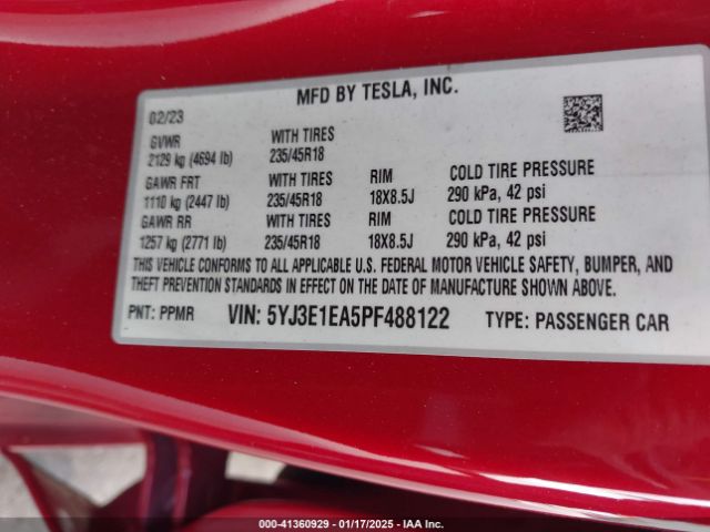 5YJ3E1EA5PF488122 Tesla Model 3 Rear-wheel Drive