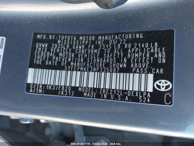 5YFEPMAE3NP335687 Toyota COROLLA LE