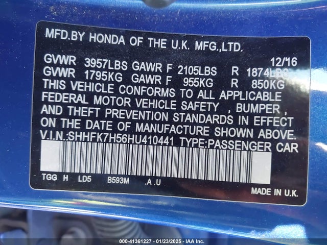 Honda CIVIC EX 2017 SHHFK7H56HU410441 Image 9