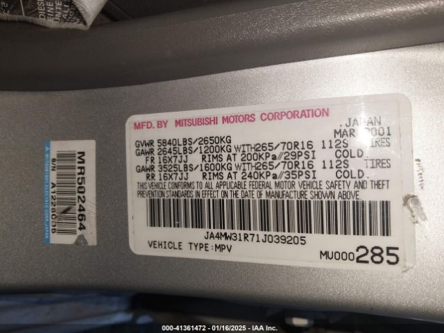 2001 MITSUBISHI MONTERO JA4MW31R71J039205 Photo 8