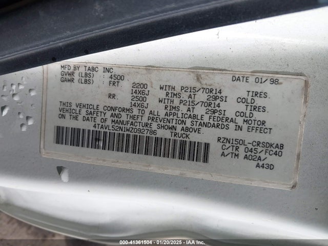 1998 Toyota Tacoma მანქანა იყიდება აუქციონზე, vin: 4TAVL52N1WZ092786, აუქციონის ნომერი: 41361504