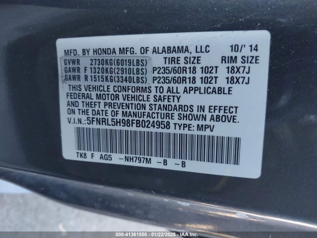 5FNRL5H98FB024958 Honda Odyssey Touring/touring Elite