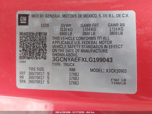 3GCNYAEFXLG199043 Chevrolet Silverado 1500 4wd  Long Bed Wt