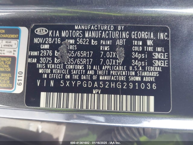 5XYPGDA52HG291036 KIA Sorento 3.3l Lx