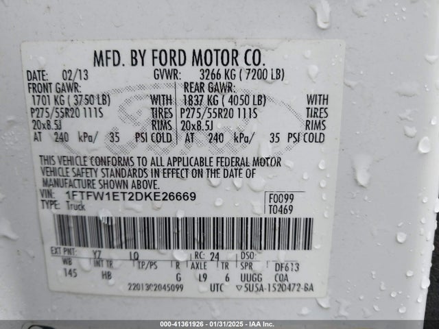 Aukcja sprzedaży 2013 Ford F-150 Lariat, vin: 1FTFW1ET2DKE26669, numer aukcji: 41361926