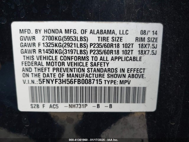 Honda Pilot Ex-l 2015 5FNYF3H56FB008715 Image 9