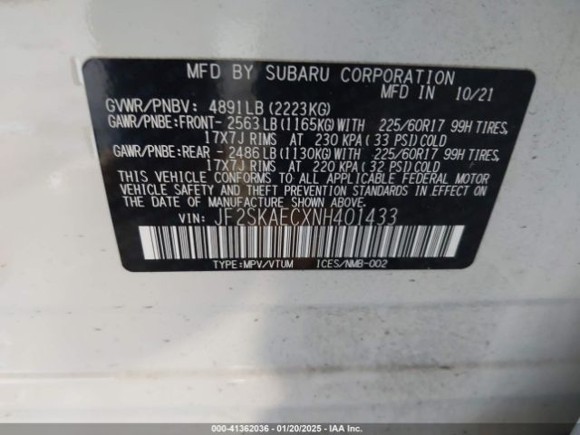 JF2SKAECXNH401433 Subaru Forester Premium